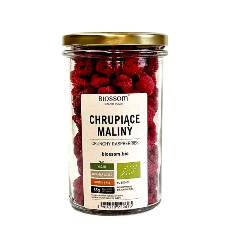 Liofilizowane maliny BIO 55 g – chrupiące, bezglutenowe | Biossom