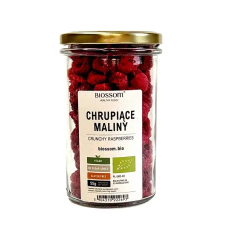 Liofilizowane maliny BIO 55 g – chrupiące, bezglutenowe | Biossom