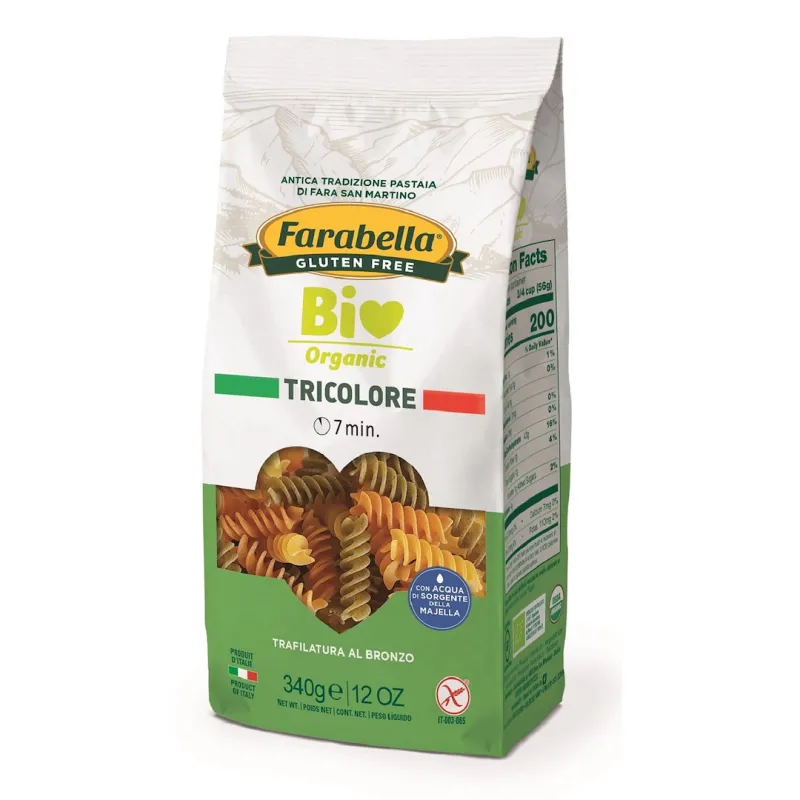 Makaron kukurydziano-ryżowy trójkolorowy świderki bezglutenowy BIO 340 g – Farabella
