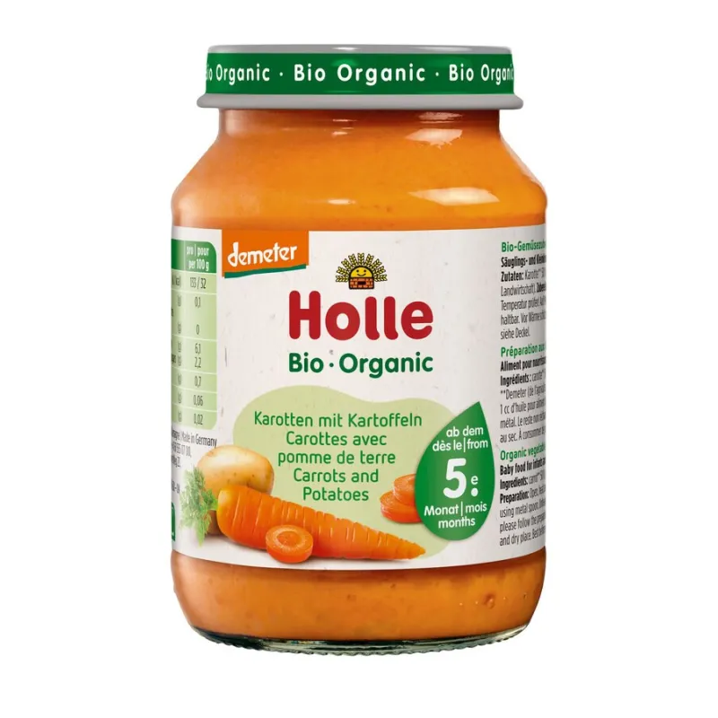 Marchew – Ziemniak bez dodatku cukrów, bezglutenowy od 5. miesiąca, Demeter BIO 190 g – Holle