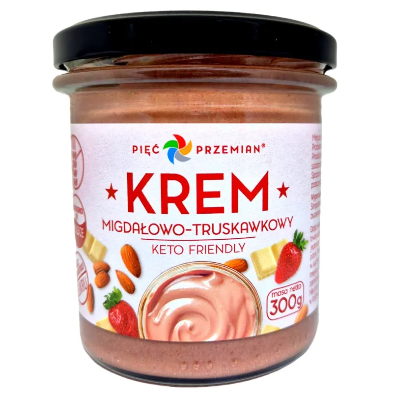 Krem migdałowo-czekoladowo-truskawkowy bez dodatku cukrów, bezglutenowy, keto 300 g – Pięć Przemian