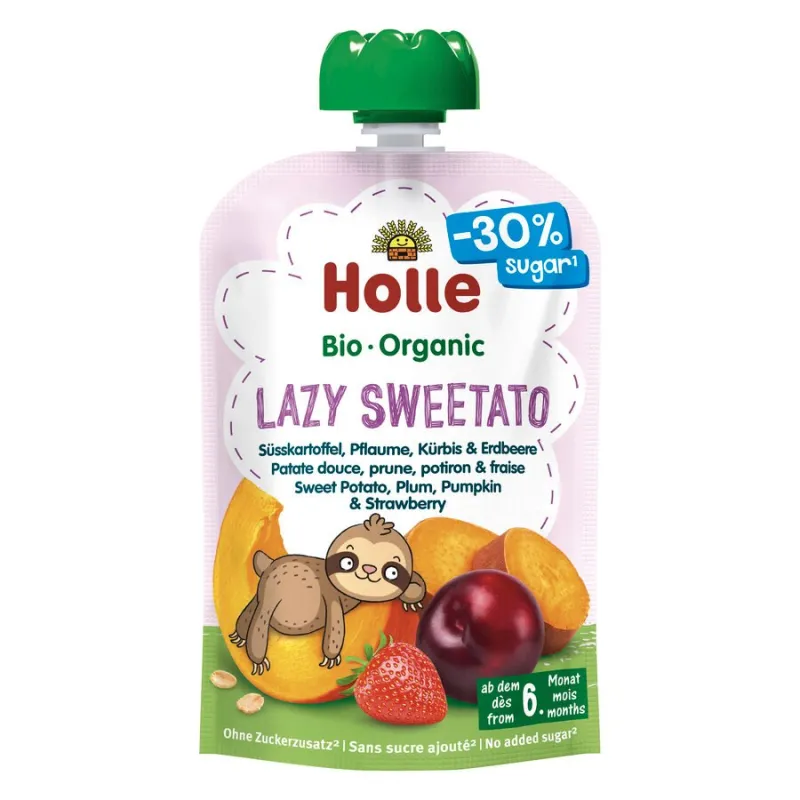 Mus słodki Leniwiec (batat, śliwka, dynia, truskawka) bez dodatku cukrów, bezglutenowy, od 6. miesiąca, Demeter BIO 100 g – Holl