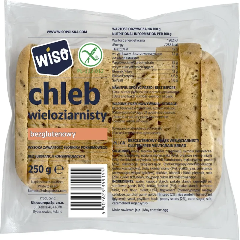 CHLEB WIELOZIARNISTY KROJONY BEZGLUTENOWY 250 g - WISO