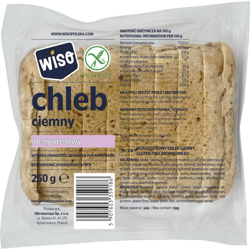 CHLEB CIEMNY KROJONY BEZGLUTENOWY 250 g - WISO