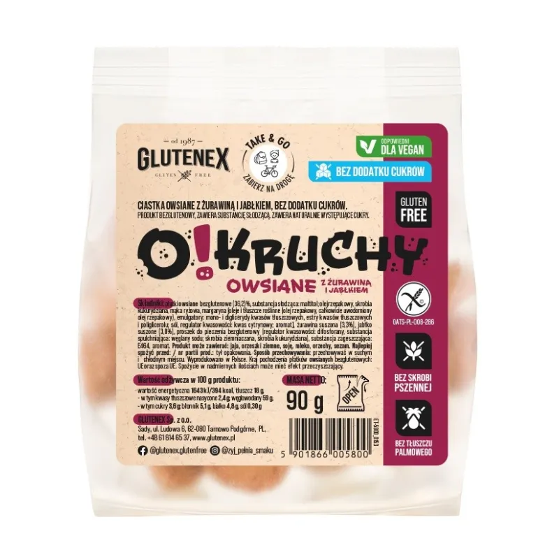 CIASTKA OWSIANE Z ŻURAWINĄ I JABŁKIEM BEZ DODATKU CUKRÓW BEZGLUTENOWE O!KRUCHY 90 g - GLUTENEX