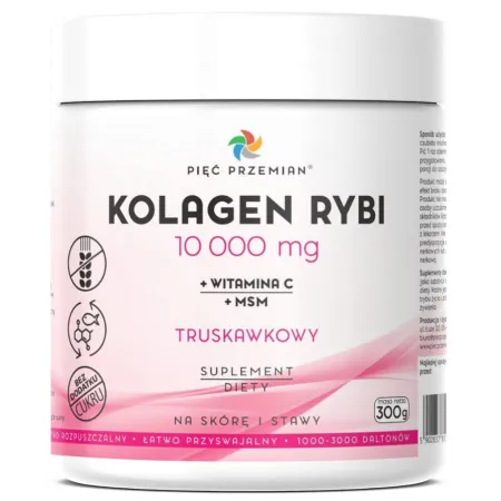 KOLAGEN RYBI + MSM + WITAMINA C TRUSKAWKOWY W PROSZKU BEZGLUTENOWY 300 g - PIĘĆ PRZEMIAN