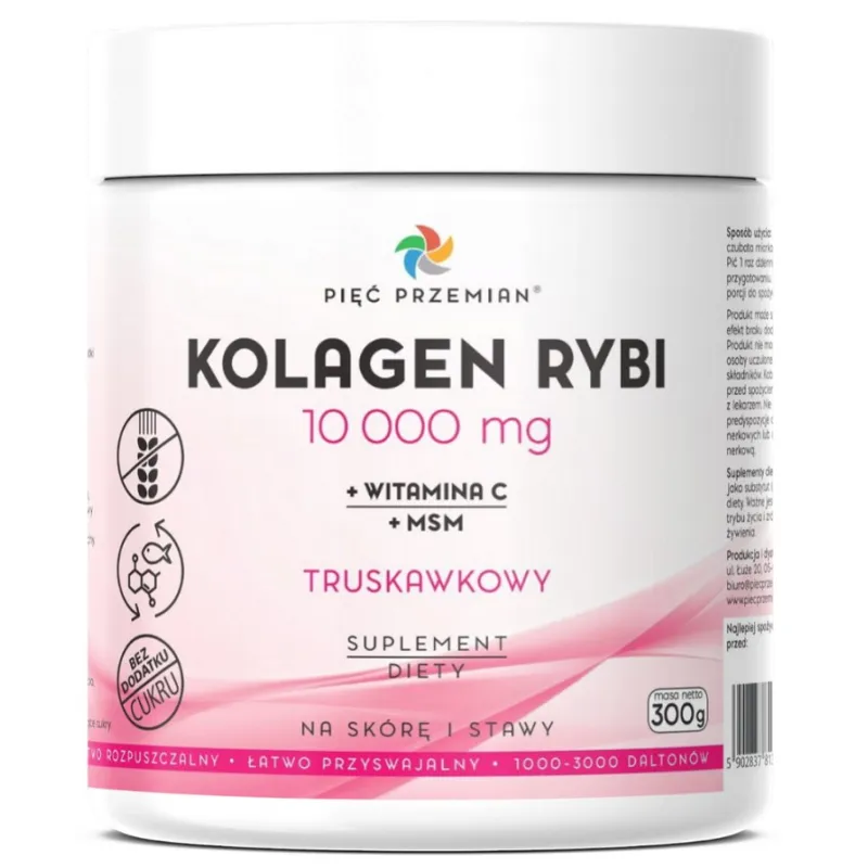 KOLAGEN RYBI + MSM + WITAMINA C TRUSKAWKOWY W PROSZKU BEZGLUTENOWY 300 g - PIĘĆ PRZEMIAN
