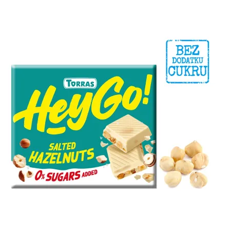 CZEKOLADA BIAŁA Z ORZECHAMI LASKOWYMI I SOLĄ MORSKĄ BEZ DODATKU CUKRÓW BEZGLUTENOWA 60 g - TORRAS