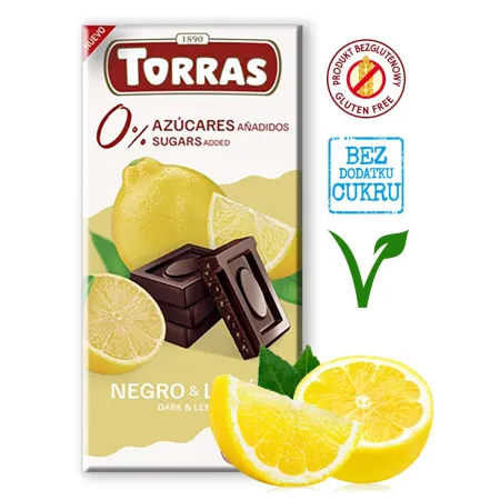CZEKOLADA GORZKA Z CYTRYNĄ BEZ DODATKU CUKRÓW BEZGLUTENOWA 75 g - TORRAS