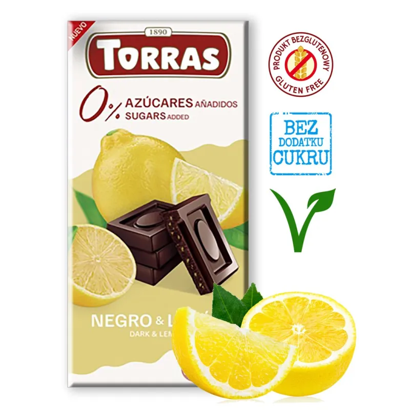 CZEKOLADA GORZKA Z CYTRYNĄ BEZ DODATKU CUKRÓW BEZGLUTENOWA 75 g - TORRAS