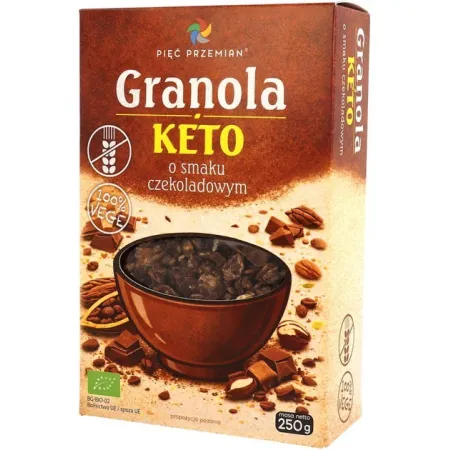 GRANOLA O SMAKU CZEKOLADOWYM BEZ DODATKU CUKRÓW BEZGLUTENOWA KETO BIO 250 g - PIĘĆ PRZEMIAN