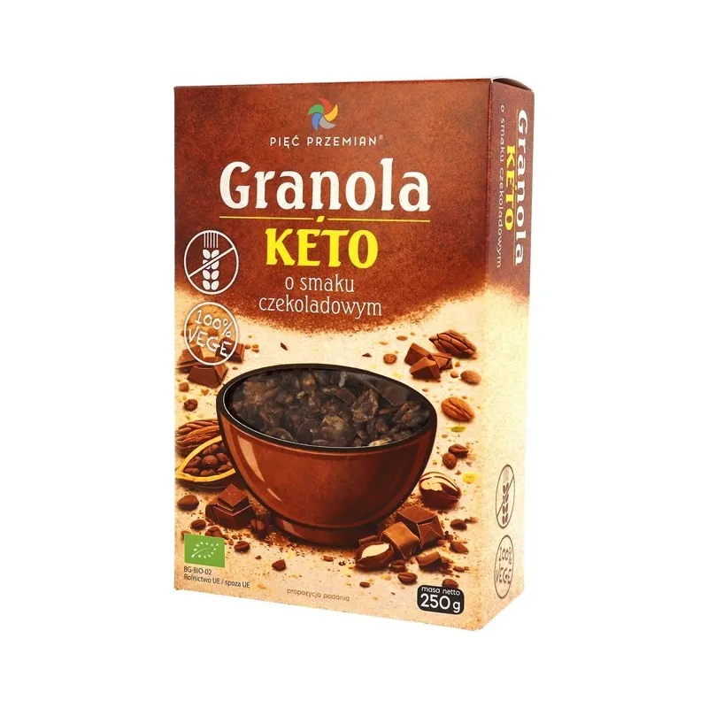 GRANOLA O SMAKU CZEKOLADOWYM BEZ DODATKU CUKRÓW BEZGLUTENOWA KETO BIO 250 g - PIĘĆ PRZEMIAN