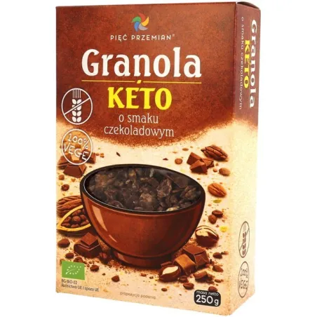 GRANOLA O SMAKU CZEKOLADOWYM BEZ DODATKU CUKRÓW BEZGLUTENOWA KETO BIO 250 g - PIĘĆ PRZEMIAN