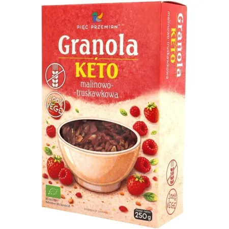 GRANOLA MALINOWO - TRUSKAWKOWA BEZ DODATKU CUKRÓW BEZGLUTENOWA KETO BIO 250 g - PIĘĆ PRZEMIAN