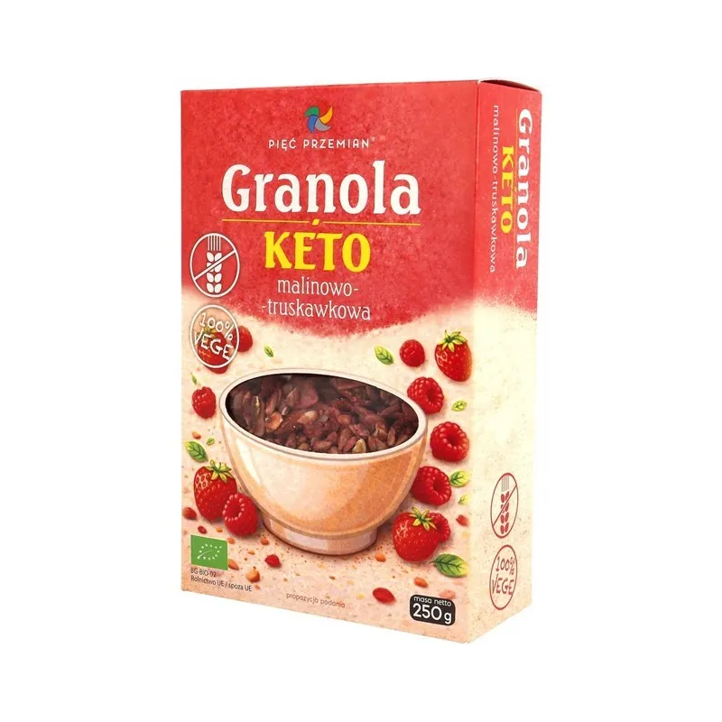 GRANOLA MALINOWO - TRUSKAWKOWA BEZ DODATKU CUKRÓW BEZGLUTENOWA KETO BIO 250 g - PIĘĆ PRZEMIAN