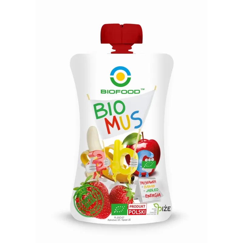 Mus Truskawkowo-Bananowo-Jabłkowy BIO 90 g - Bezglutenowy, Bez Cukru - Bio Food